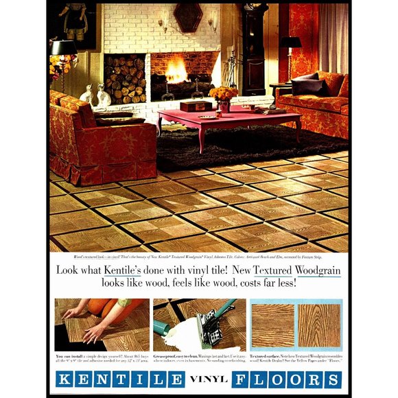 Kentile Art 963 Kentile Floors Vintage Print Ad Midcentury Parquet Flooring Fireplace Photo